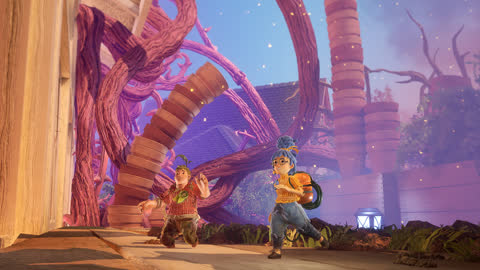 It Takes Two: the two main characters riding frogs at a taxi stop