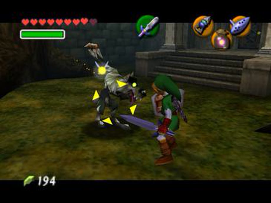 The Legend of Zelda: Ocarina of Time. Navi, glowing yellow, hovers by an enemy while yellow targeting arrows ring it