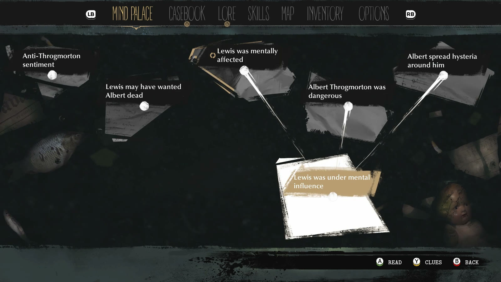 The Sinking City's Mind Palace screen: clue cards pinned in a dark space, three of them threaded into one deduction